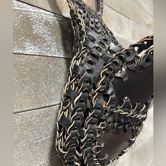 Leather Double big Woven 60s Vintage boho rustic handbag tote - Picture 3 of 12